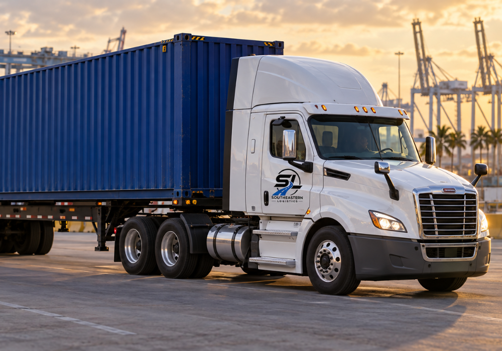 Southeastern Logistics tractor hauling a blue container at the Port of Miami at sunset