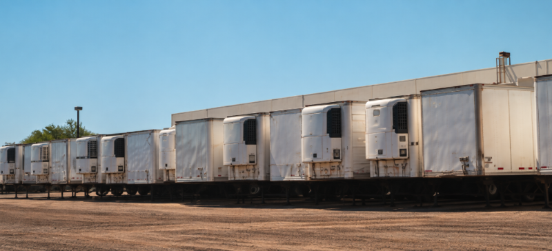 Refrigerated freight trucks parked at a distribution facility.
