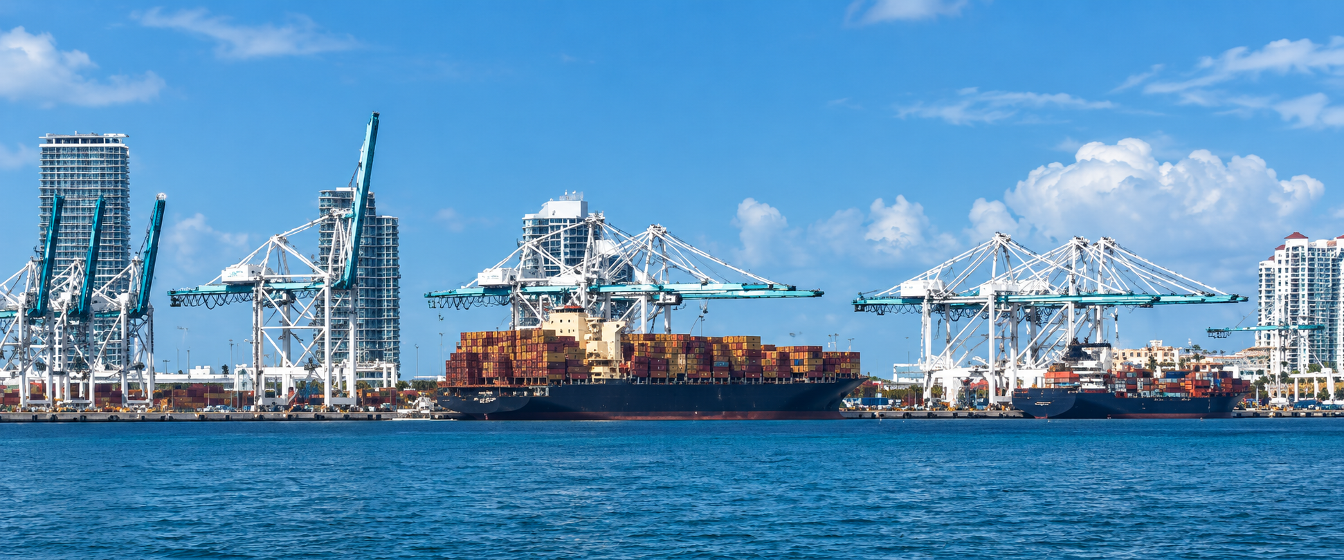 Gantry cranes loading containers at PortMiami.