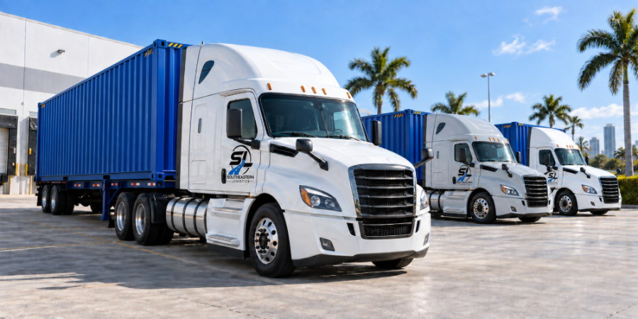 Three Southeastern Logistics tractors staged at a Miami warehouse yard