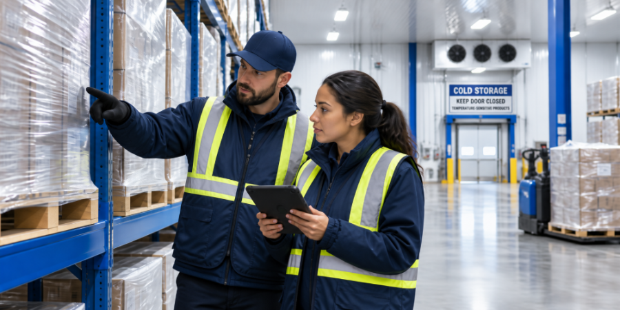 Warehouse team reviewing palletized cold-storage inventory on a tablet